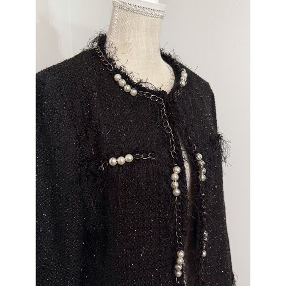 Michael Simon Pearl Embellished Tweed Eyelash Black Jacket Blazer Size Medium M - Picture 2 of 2